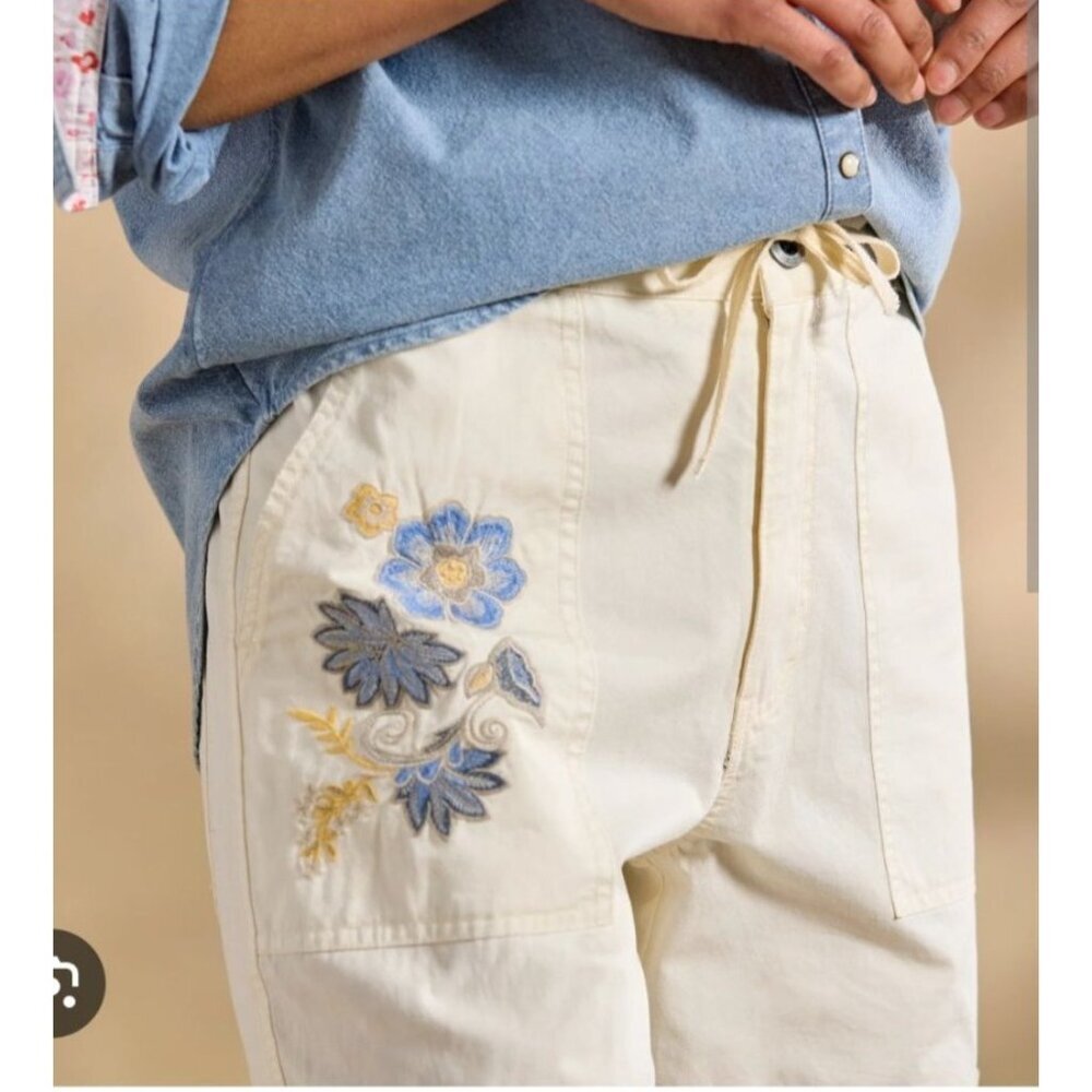 NWT! Sundance Starling Floral Embroidered Cargo Pants sz 8 Ivory Blue Flower - Picture 2 of 14